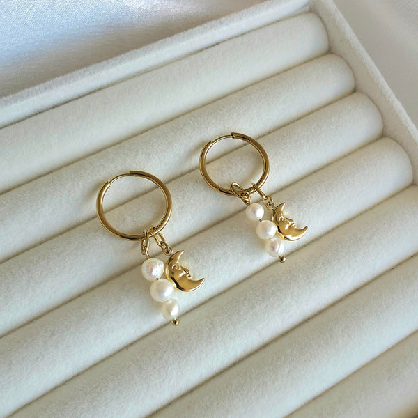 Moon & pearl hoops
